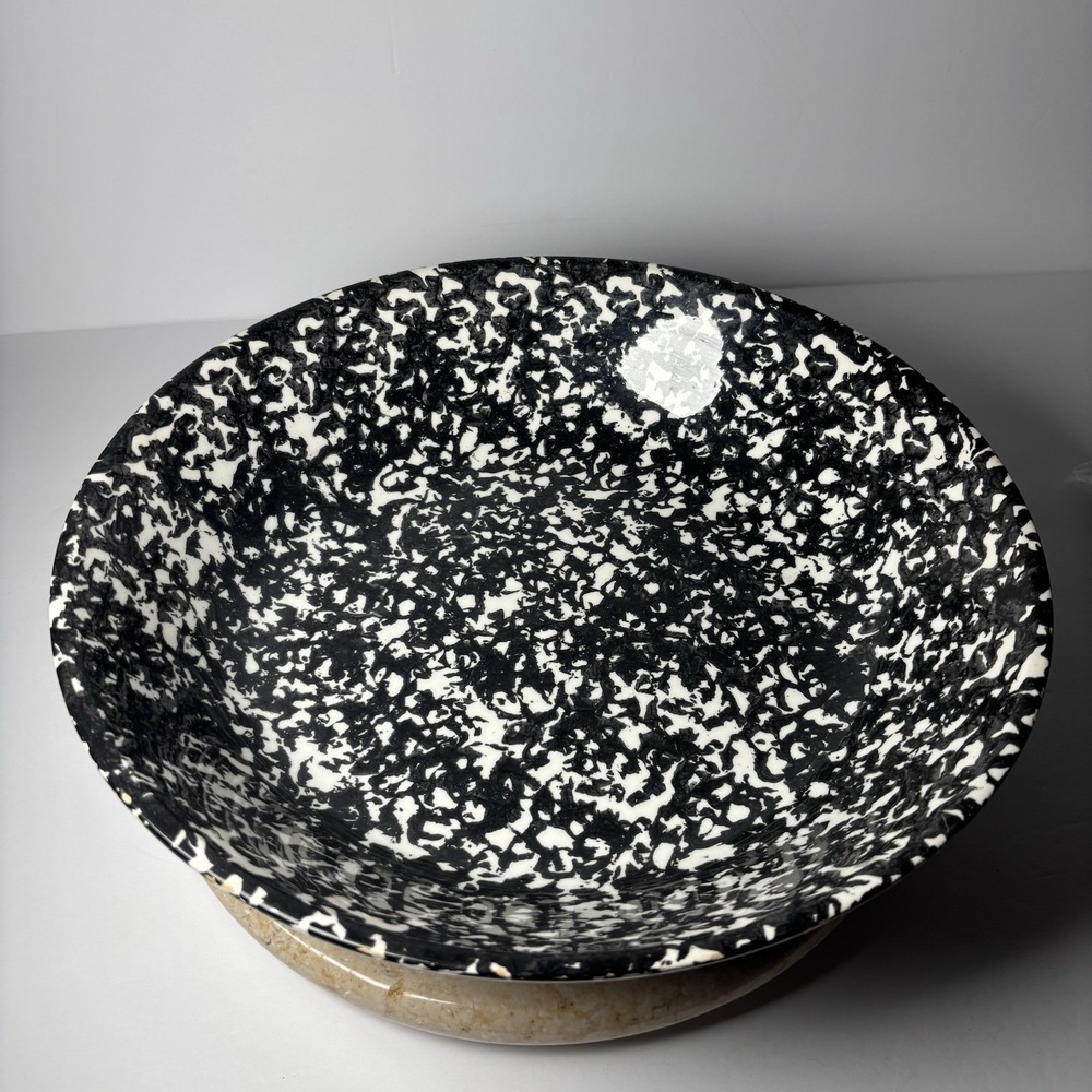 Vintage Italian Spongeware Large 13.5" Serving‎ Bowl, black & White, Marble Look